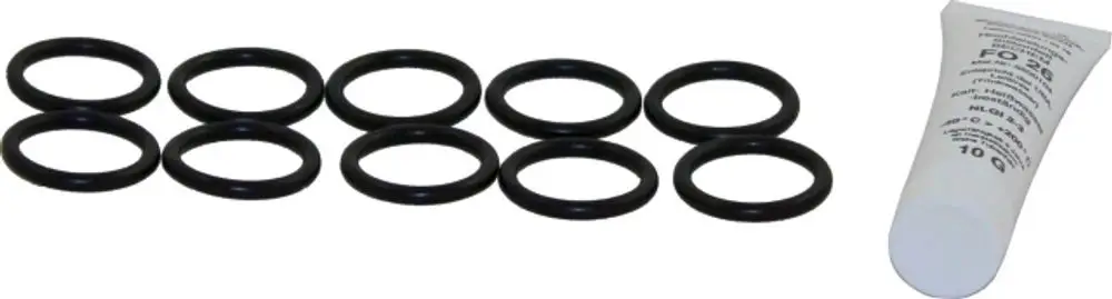 Schwarze O-Ringe in verschiedenen Größen neben einer Tube mit Dichtmittel der Marke Wolf, zur Verwendung in technischen Anwendungen.